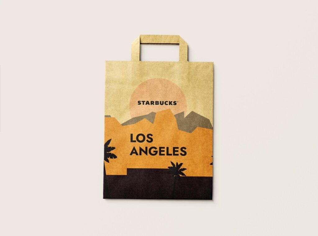 papierová taška - šedá kraft, farebná potlač, značka Starbucks