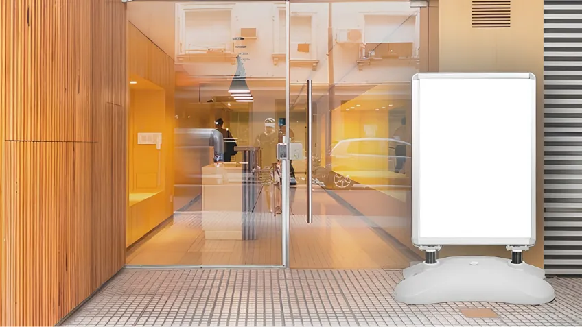 Vonkajšie reklamné áčko so zaťaženou základňou pred vstupom do budovy